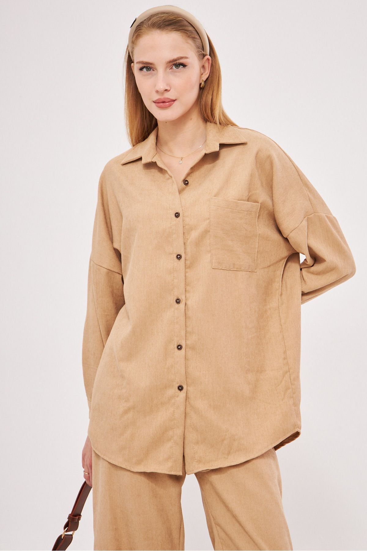 Female Beige Pocket Oversizle Fine Velve Velvet Shirt ARM-24K001076