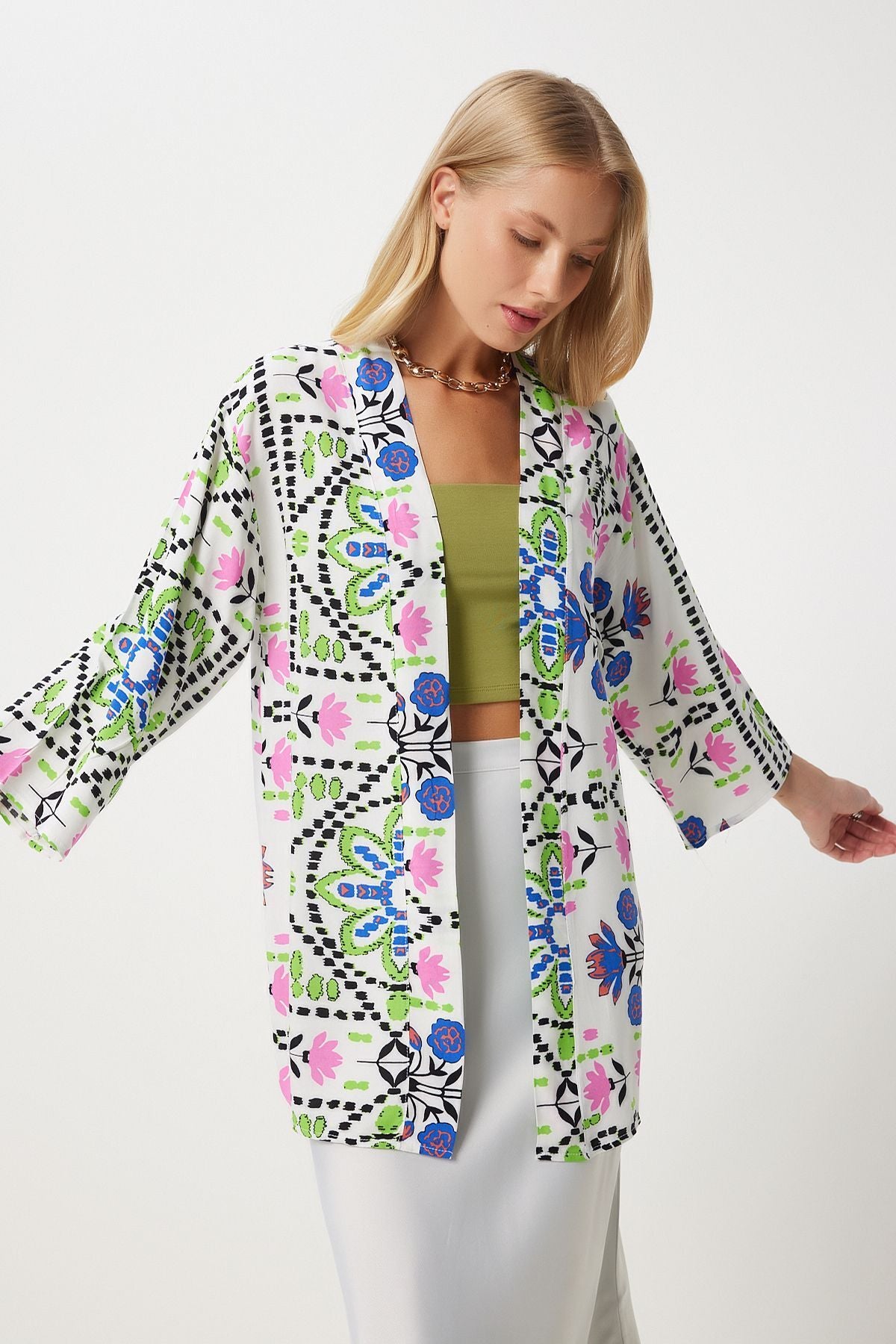 Female green blue patterned viscose kimono en00615