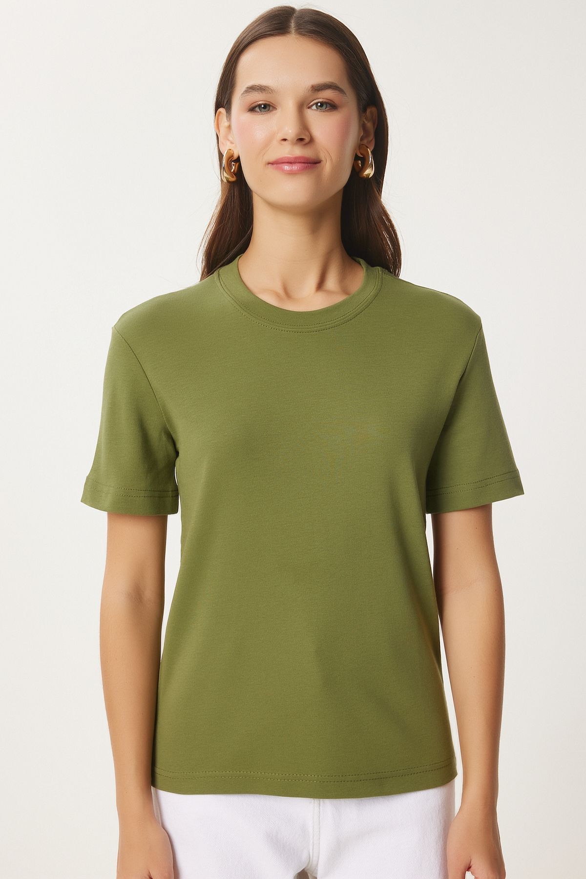 Female Green Cotton Basic Knitting T-Shirt AG00001