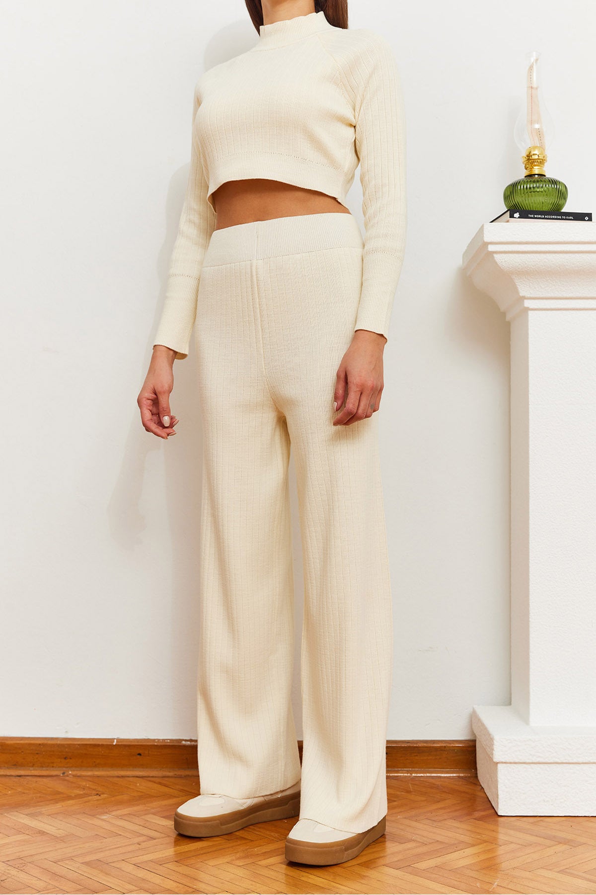 Women's Crop Ribbed Finger Detailed Knitwear Bottom-Top Set 85001045