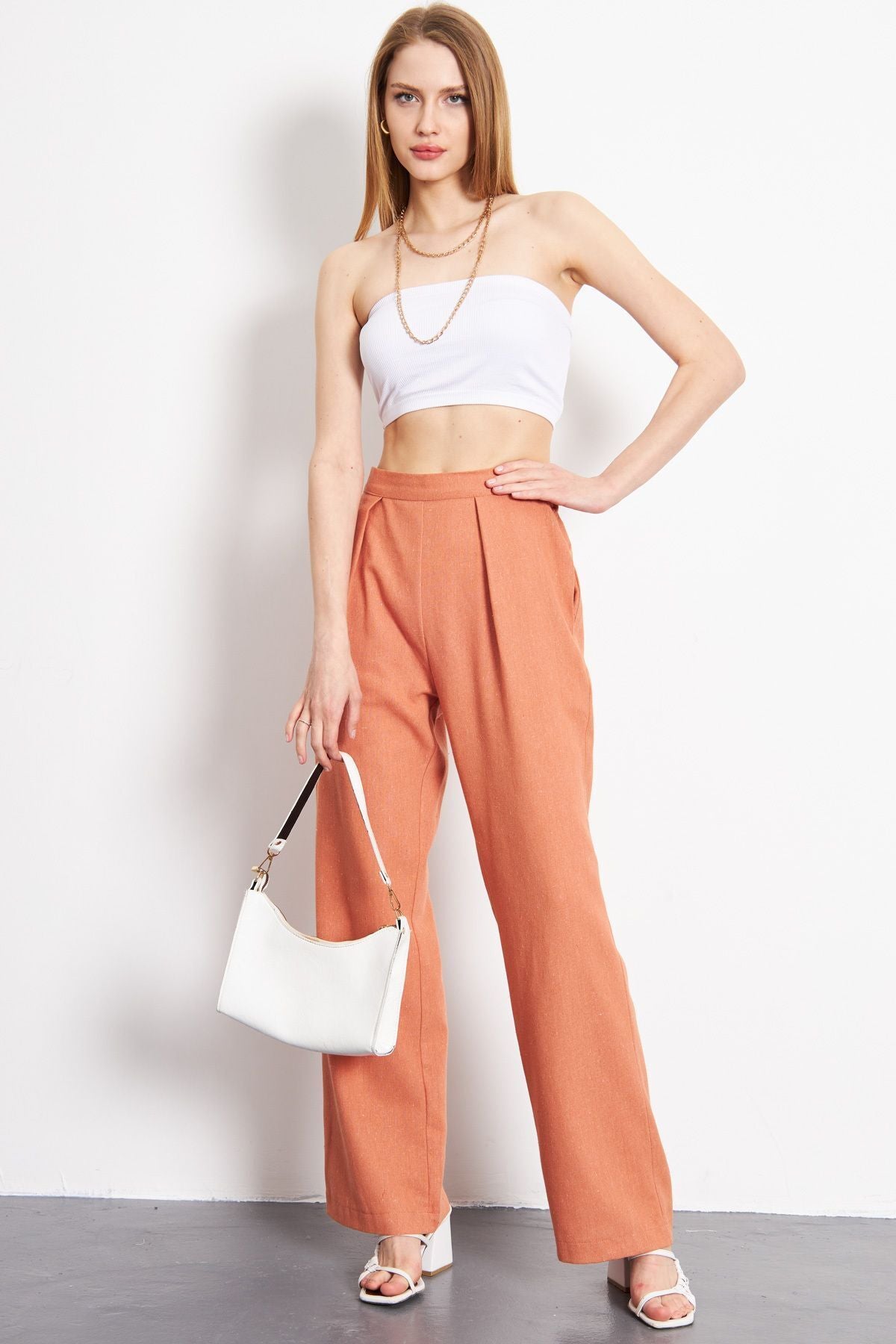 PALAZZO pants with female salmon linen-looking pocket ARM-24Y001070