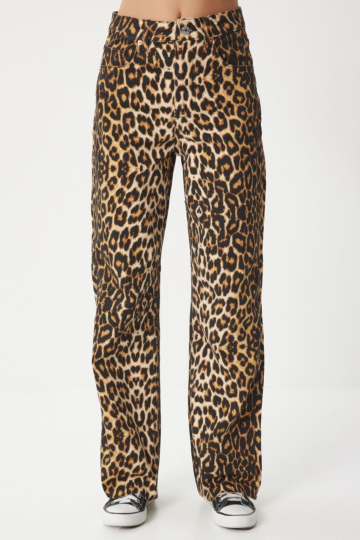 Kadın Siyah Bej Leopar Desenli Straight Jeans RH00029