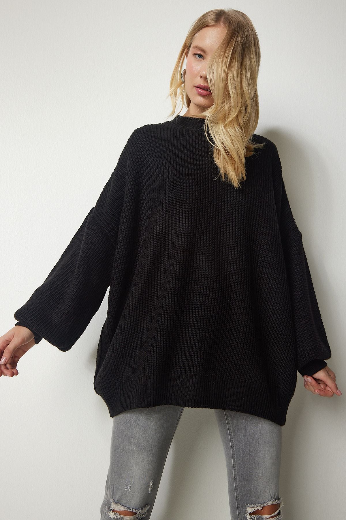 Woman Black Oversize Basic Knitwear Sweater MX00126