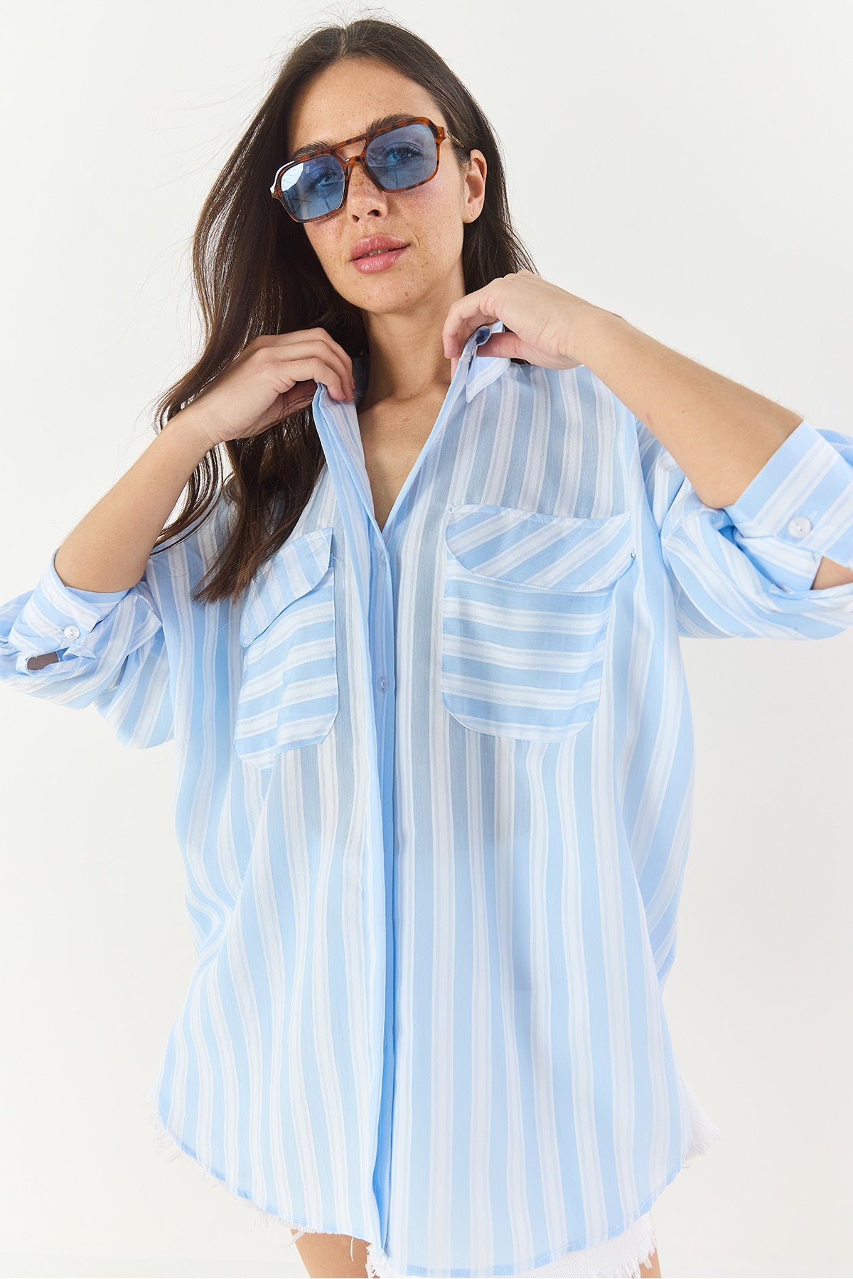 Women's Thick Striped Double Pocket Detailed Oversize Basic Summer Shirt 34399-1 60283249