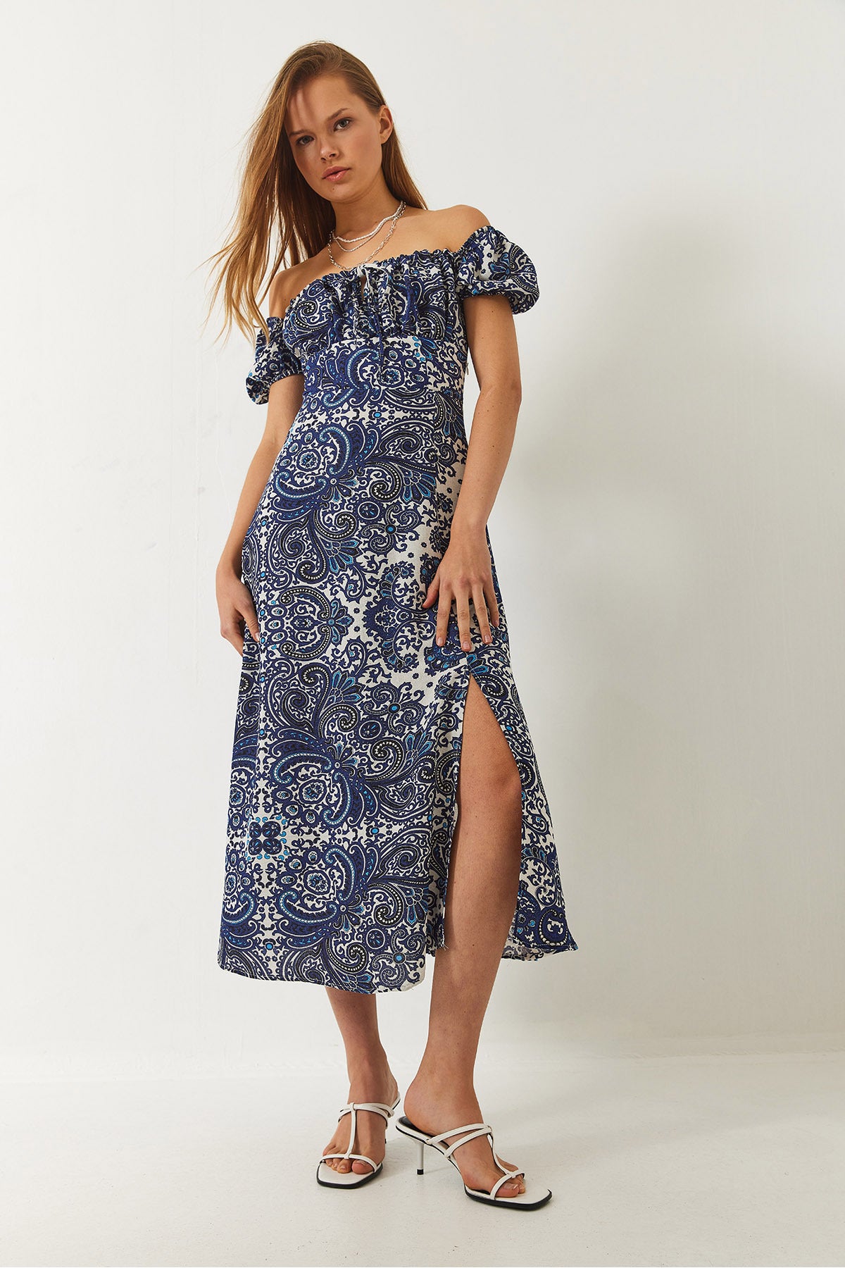 Women's Tie Collar Slit Detailed Patterned Midi Dress 60261478