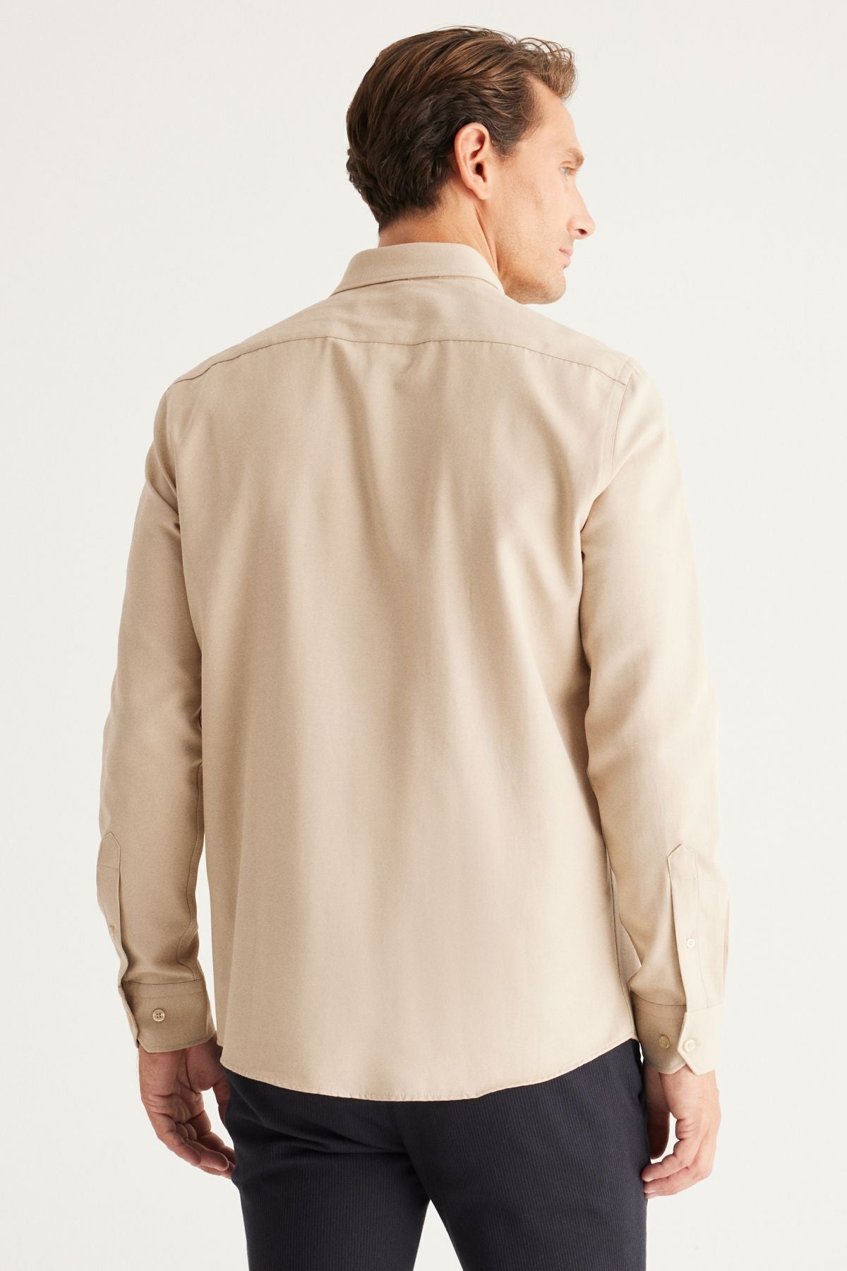 Men's Oxford Beige button collar easily ironed cotton slim fit narrow cut shirt