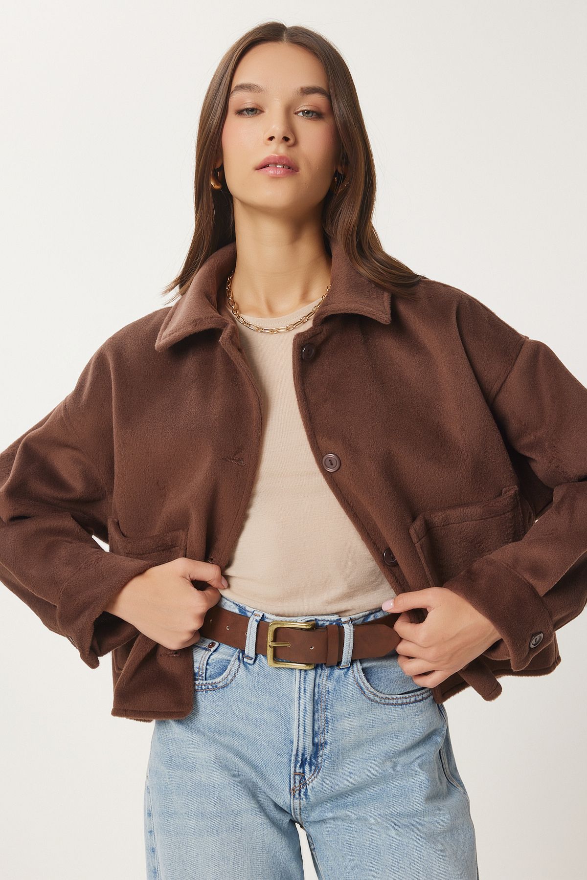 Female brown wide pocket soft stamp jacket FN03445