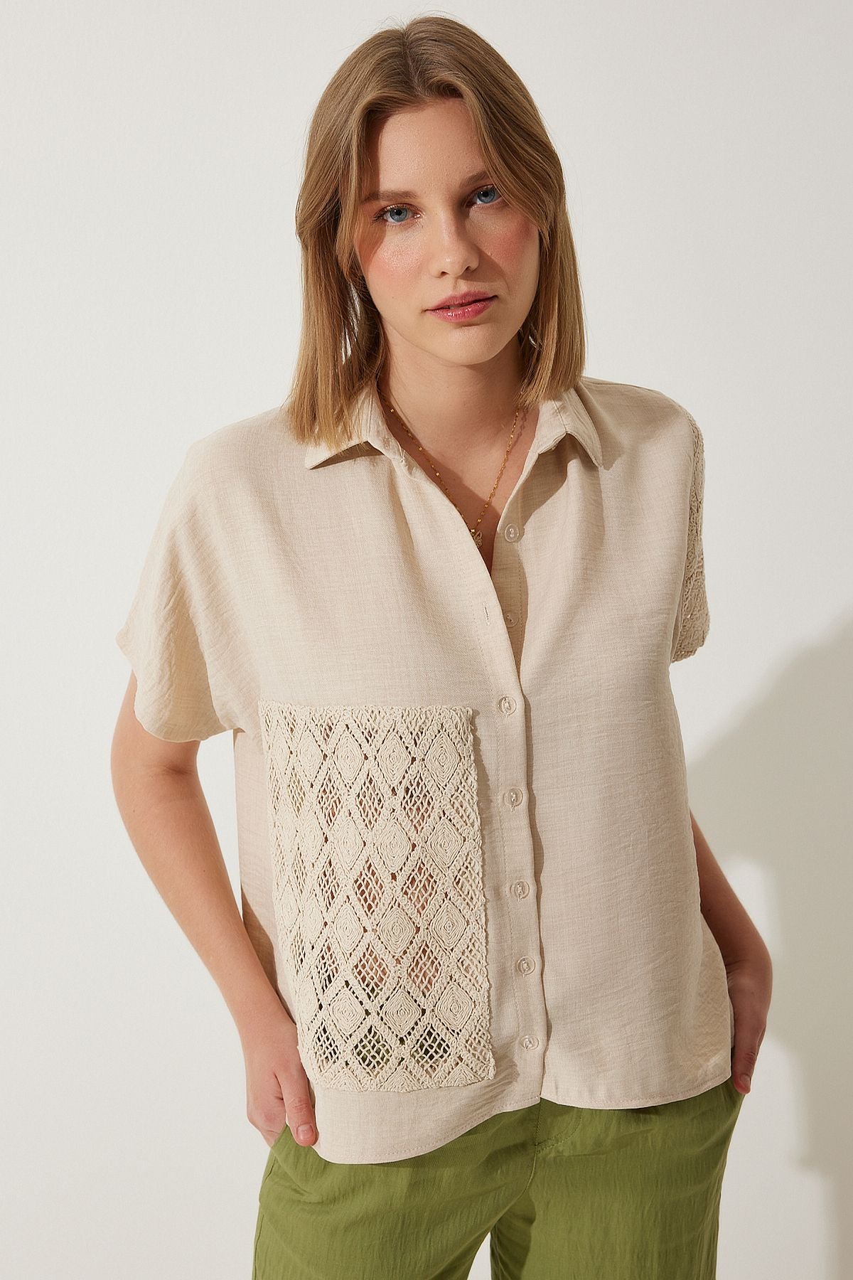 Women's Cream Crochet Lace Detail Linen Shirt TP00039