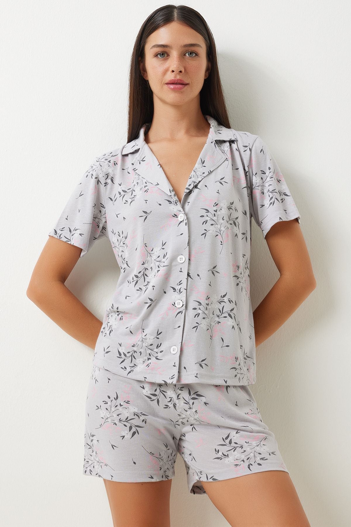 Female Gray Patterned Viscose Shirt Shirt Pajama Set EC00044