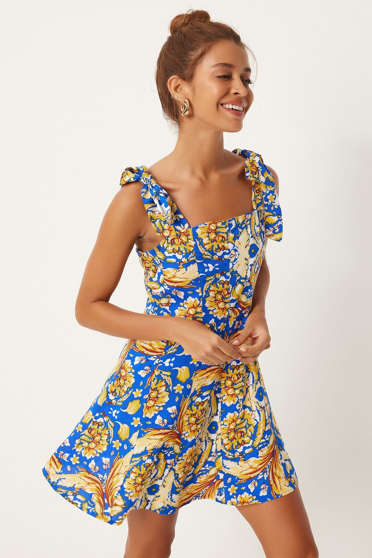 Female Blue Yellow Thick Standed Summer Mini Viscose Dress FN03238