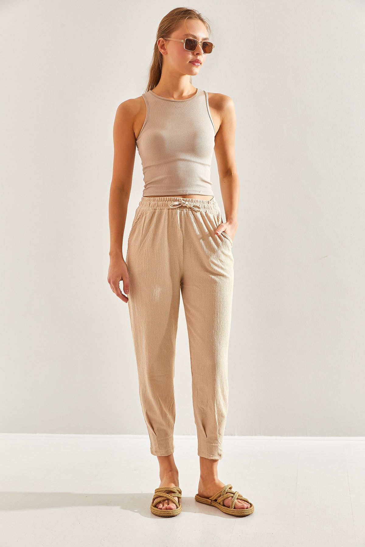 Women's waist rubber cowpea fabric pants 60171018