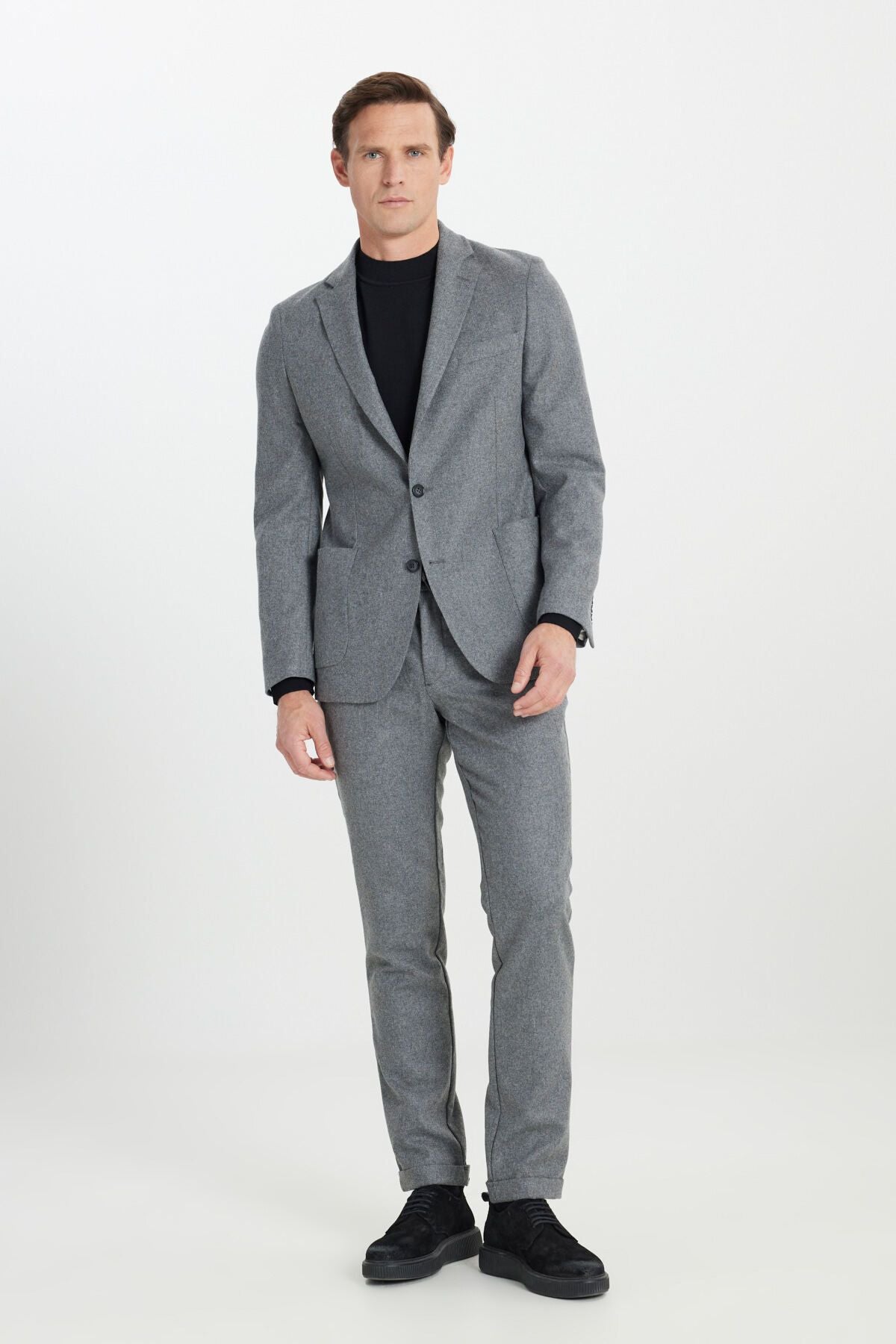 Men's gray woolen slim fit narrow -cut mono collar waist tied bag pocket suit suits