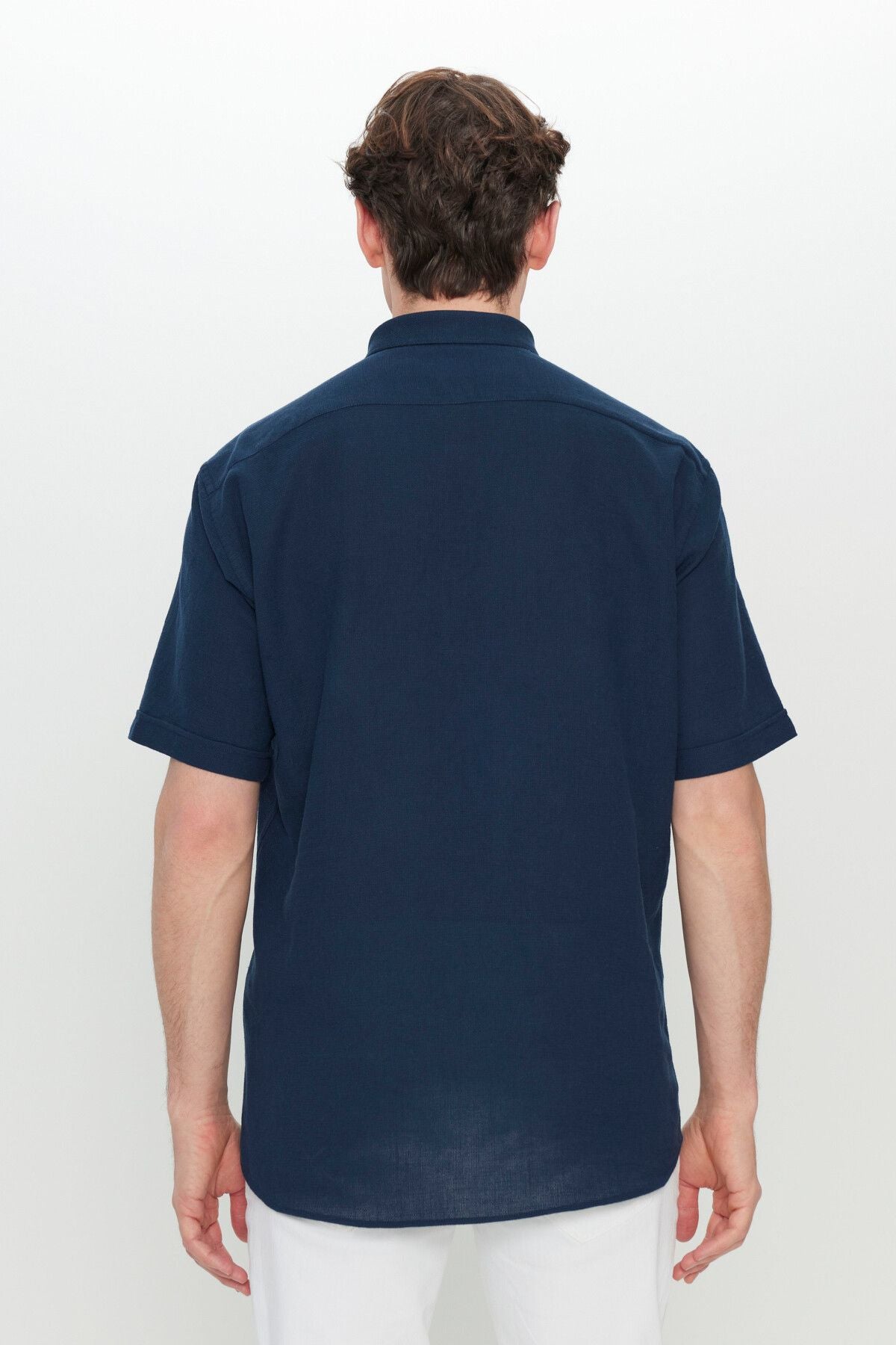 Men's Navy Blue 100 %Cotton Comfort Fit Fit Fit cut buttoned shirt collar Amesty shirt