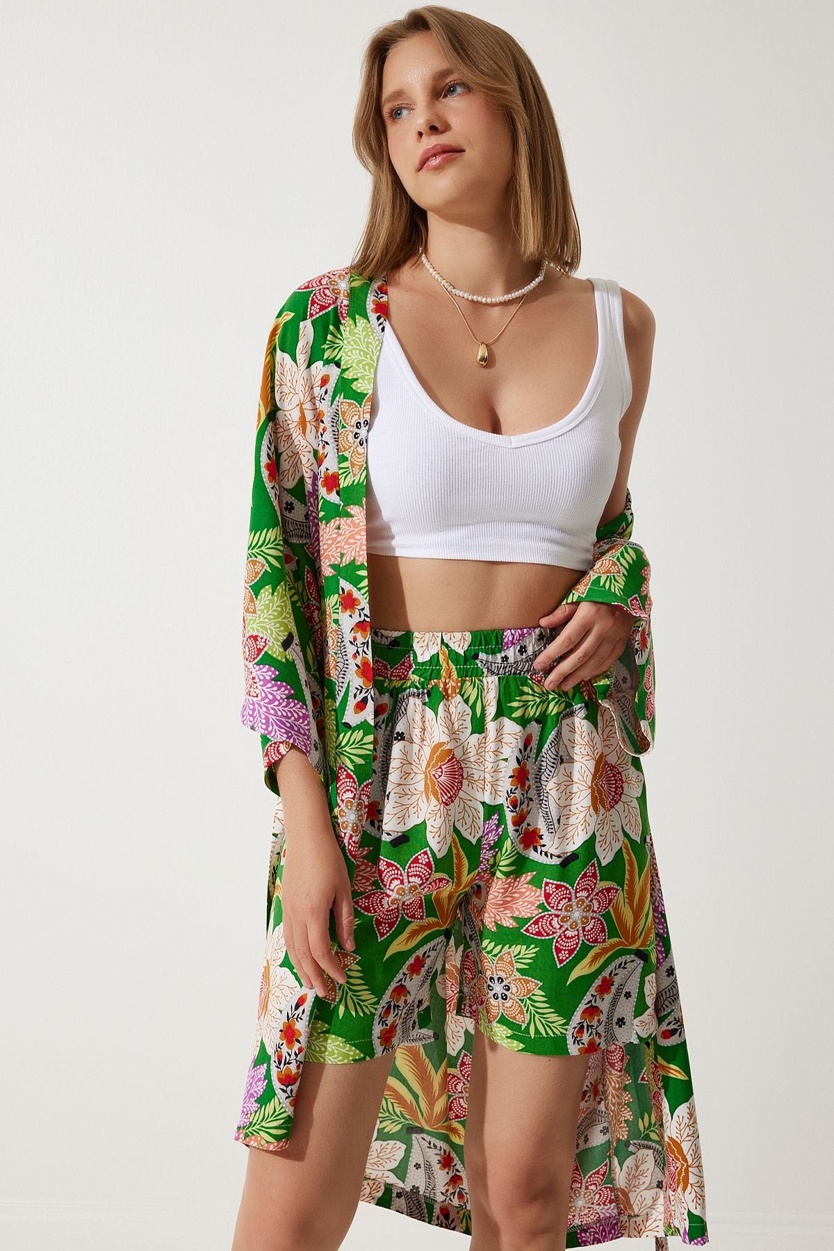 Female green cottage viscose kimono shorts team BP00161