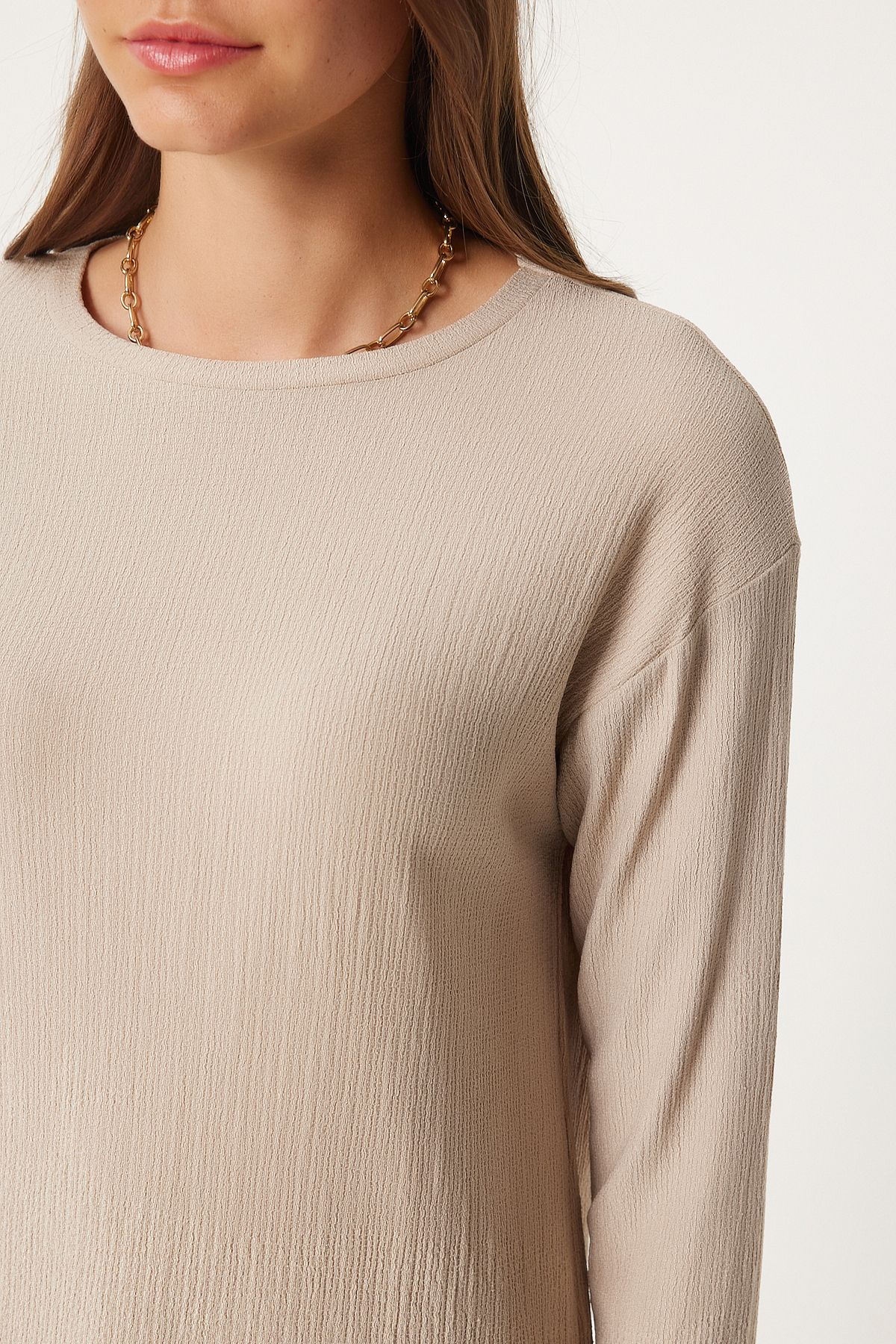 Female Beige Patterned Long Sleeve Knitting Blouse ZH00038