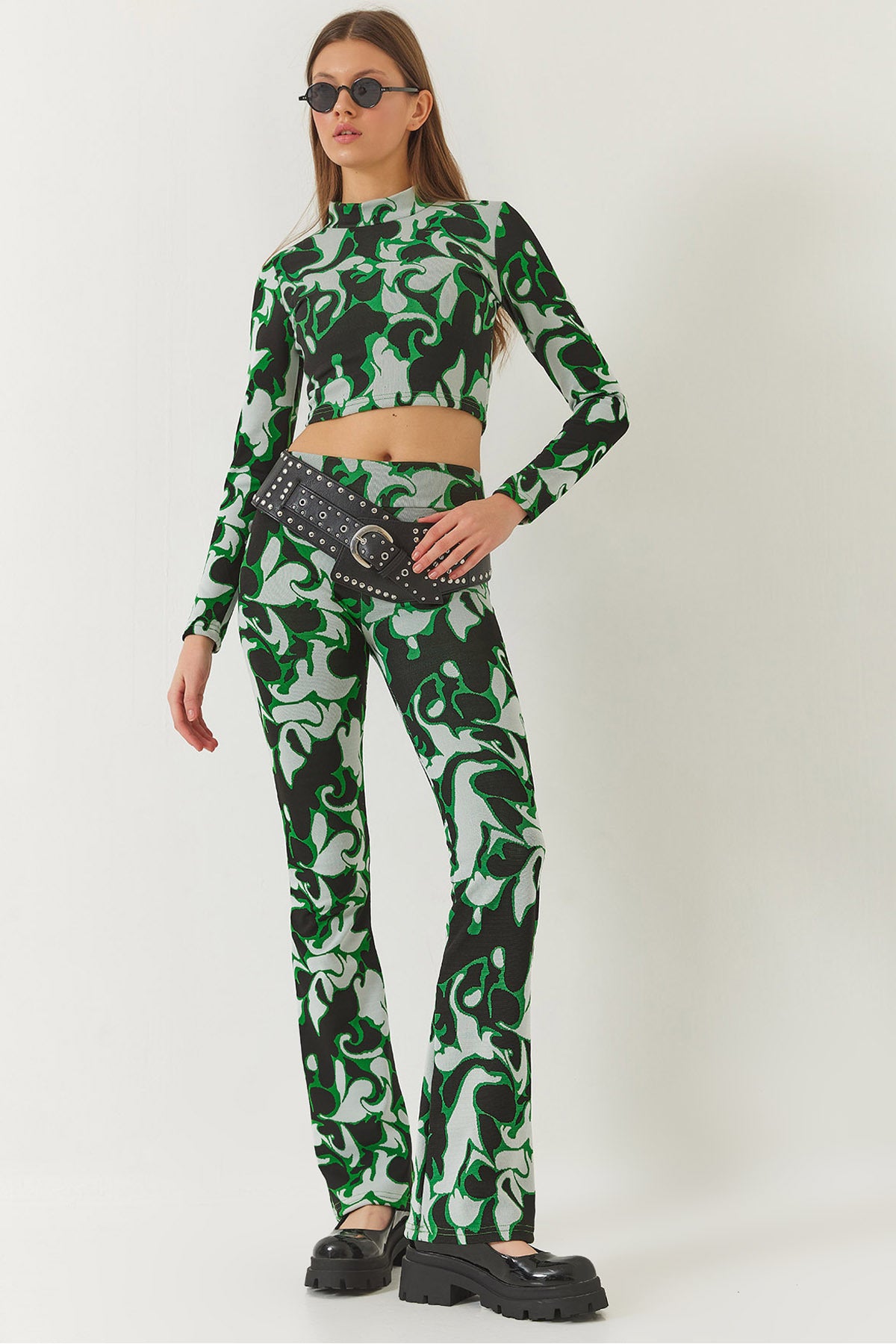 Women's Half Turtleneck Long Sleeve Crop Top and Bottom Set with Elastic Waist Trousers 60261375