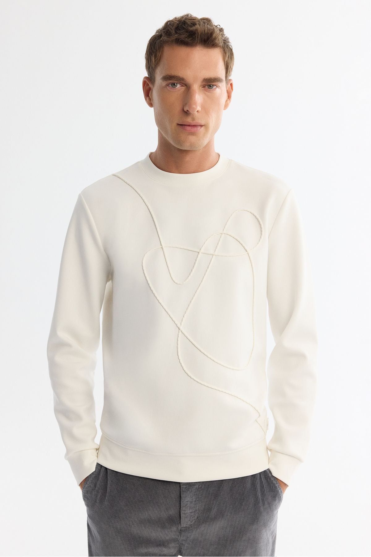 Men's Ecru Bicycle collar Cotton Embroidery Sweatshirt A42y1247
