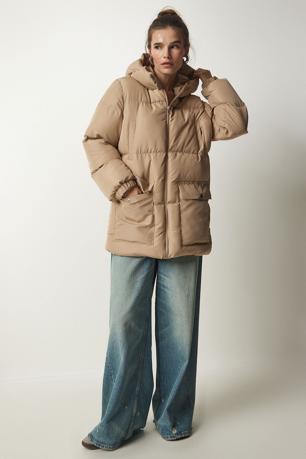 Female Beige Hooded Inflatable Coat HK00023