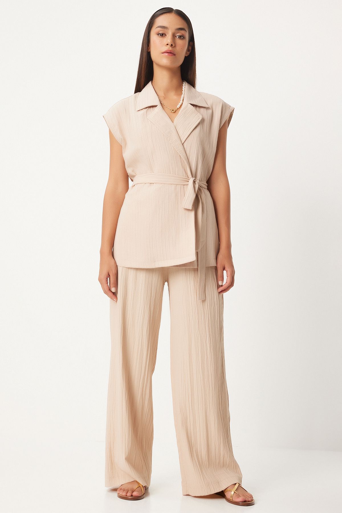 Women's Cream Arched Vest Palazzo Knitting Set By00055