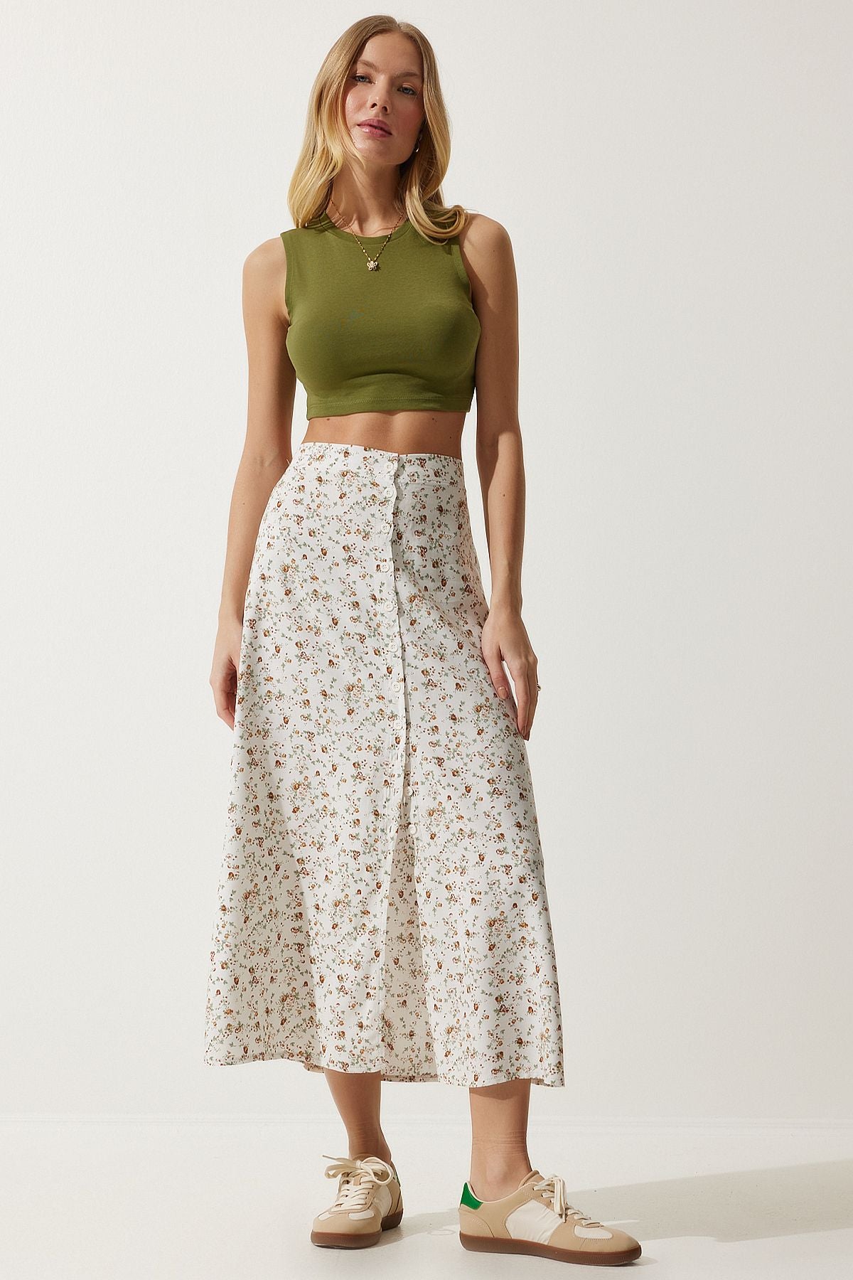 Female ecru patterned slit viscose skirt UB00246