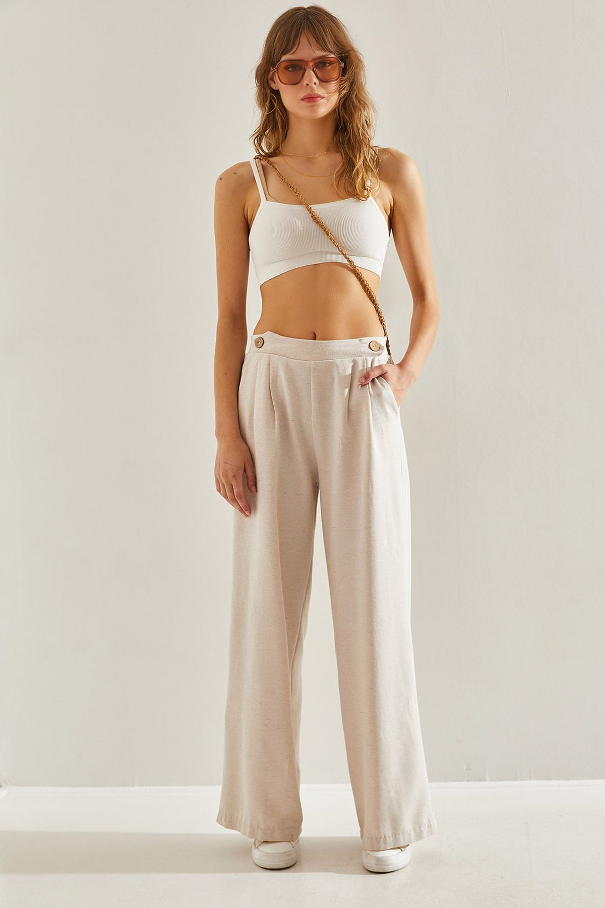 Female Front Egger Double Button Detailed Pocket Natural Palazzo Pants 60251124