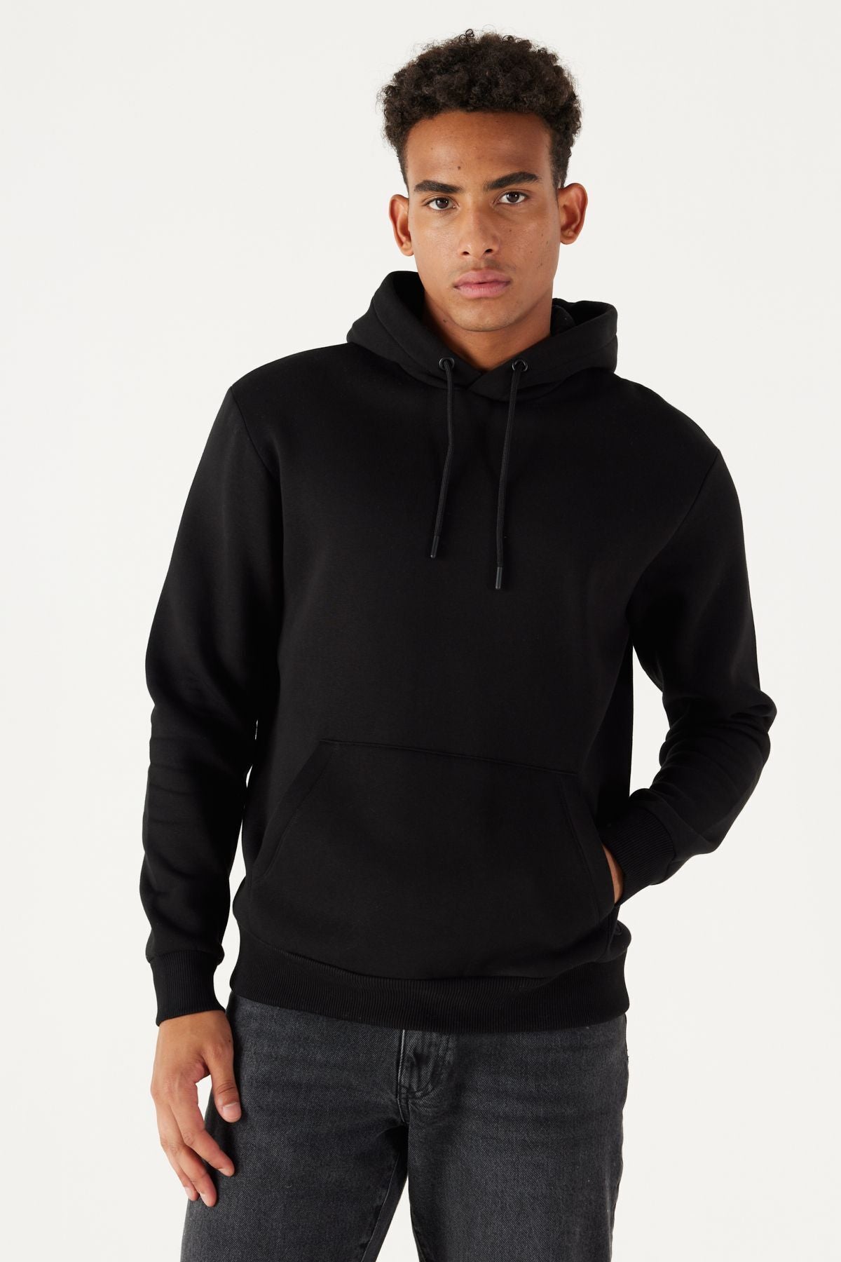 Men's Black Standard Fit Normal Normal Cut Içi Polar 3 IP hooded cotton sweatshirt