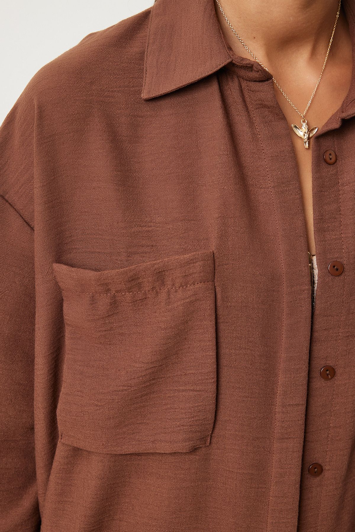 Female brown wide pocket linen mixed shirt pants set FN03205