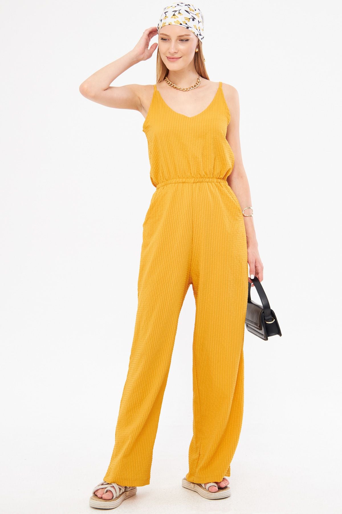 Female mustard front rear V-neck strap waist lined with lined lined overalls ARM-24Y001100