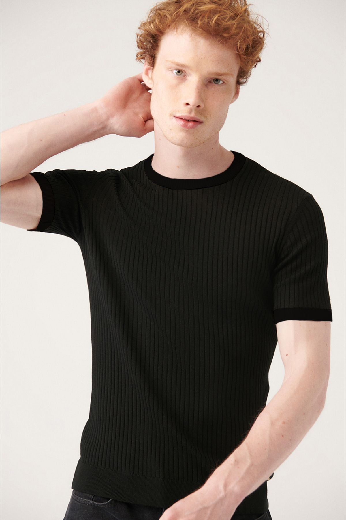 Men's black bike collar wick riban Slim fit narrow cut knitwear T-shirt A31y5003