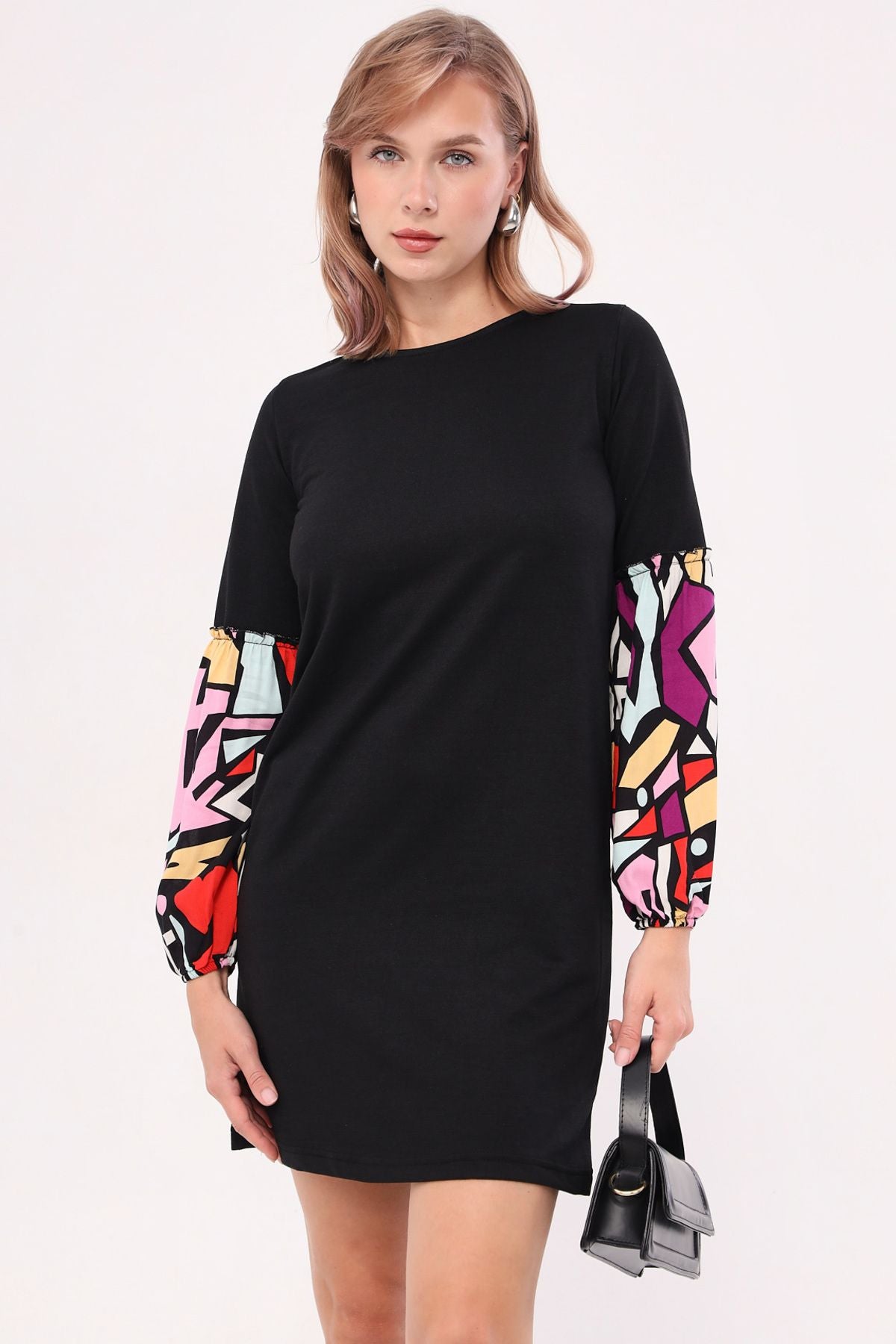 Female Black Geometric Patterned Balloon Sleeve Dress ARM-20K001099