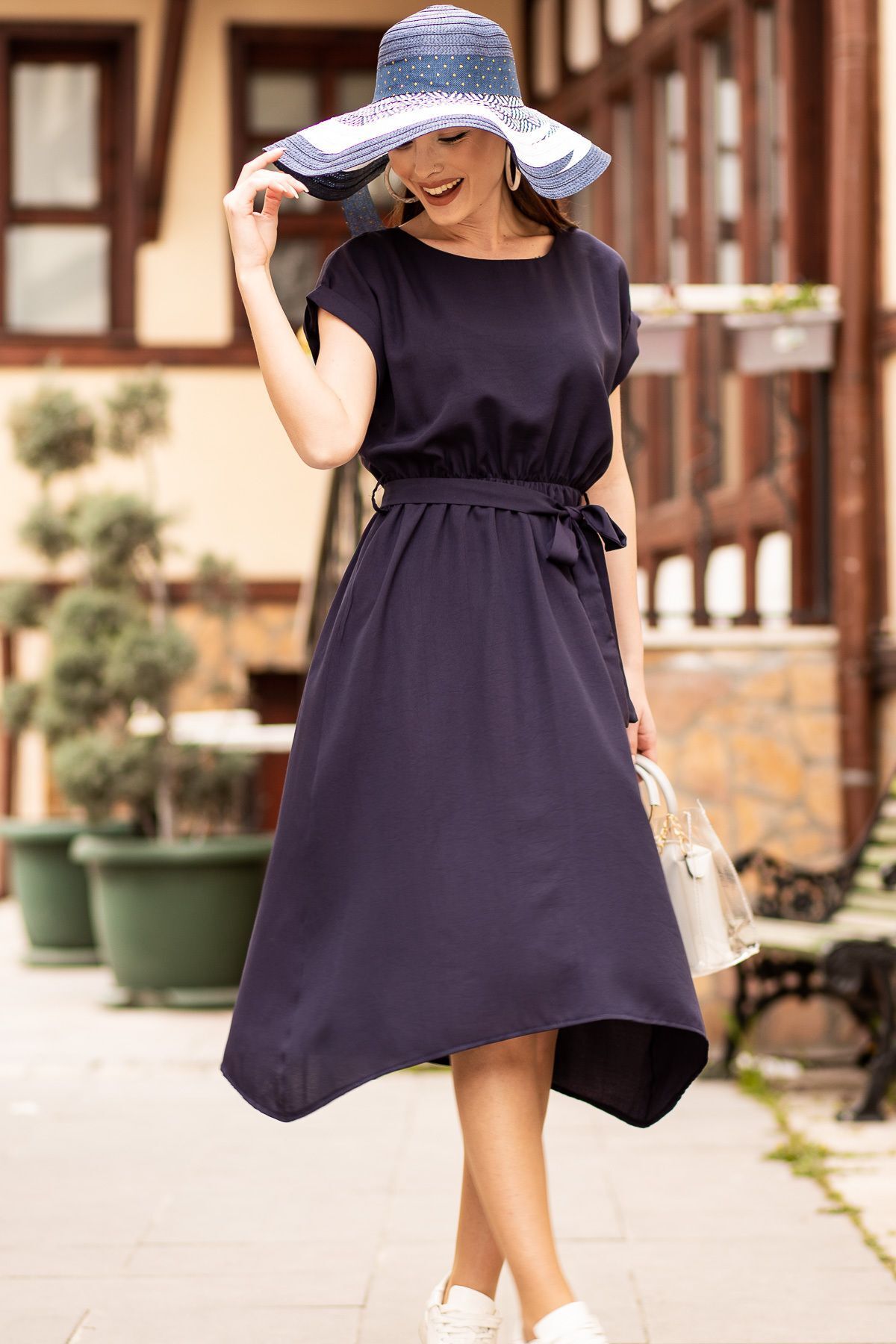 Woman Navy blue waist tire-tied dress ARM-18Y001120