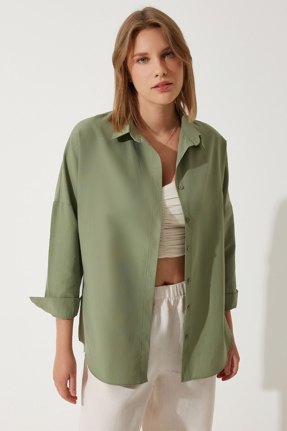 Woman Khaki Oversize Long Basic Shirt DD00842