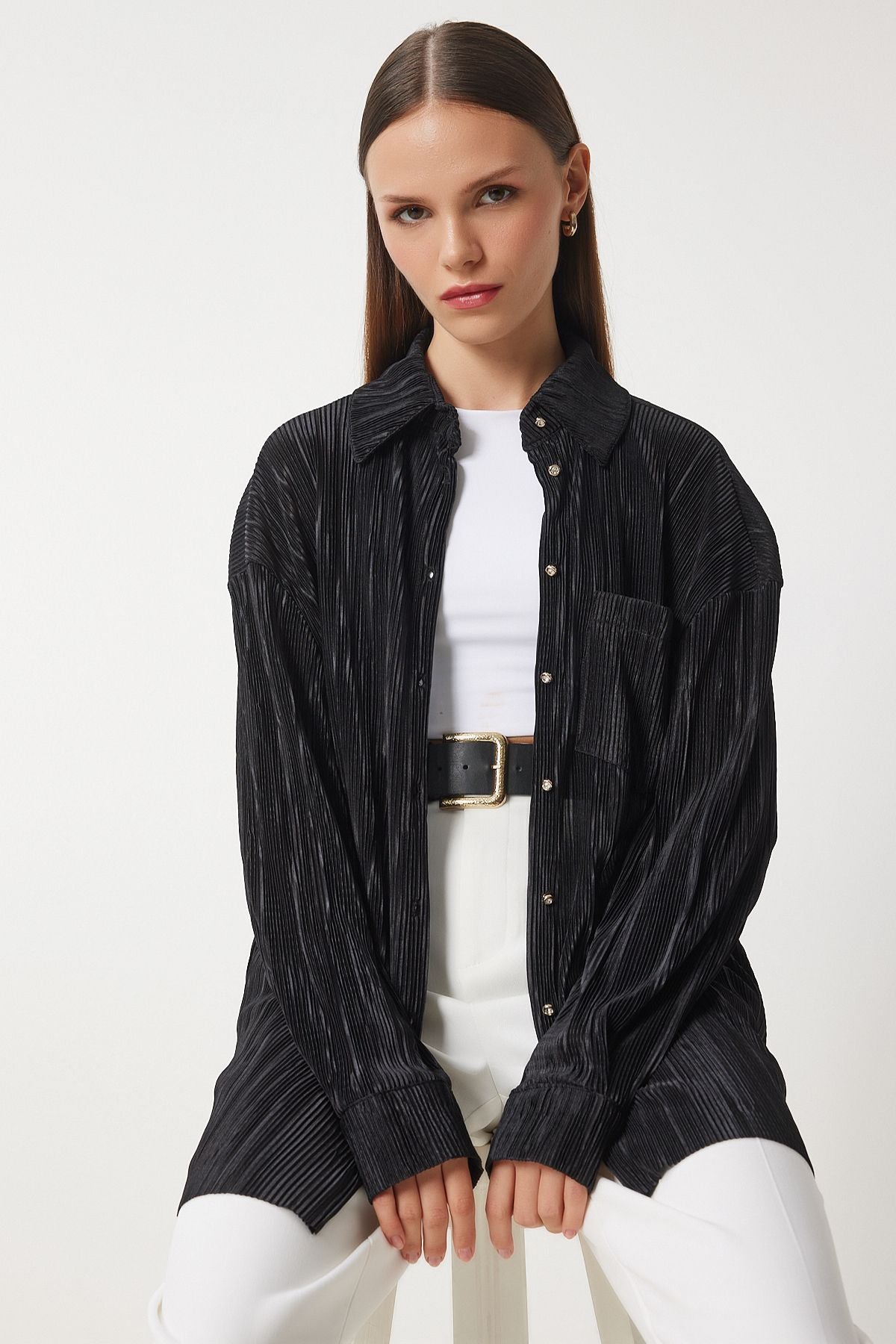 Female Black Plynated Oversize Long Shirt FN03216