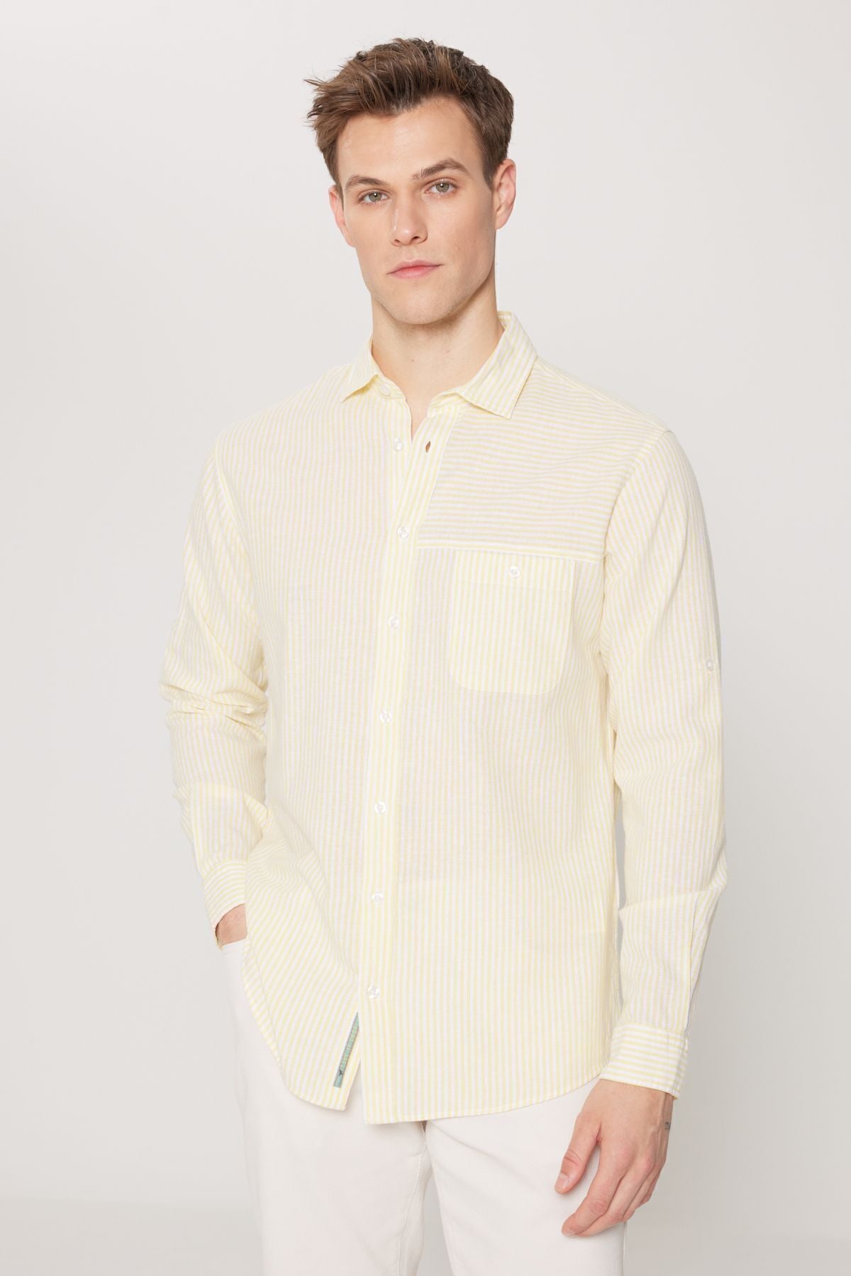 Men's Yellow-White Linen Comfort Fit Casual Cutter Classic Neckline Shirt