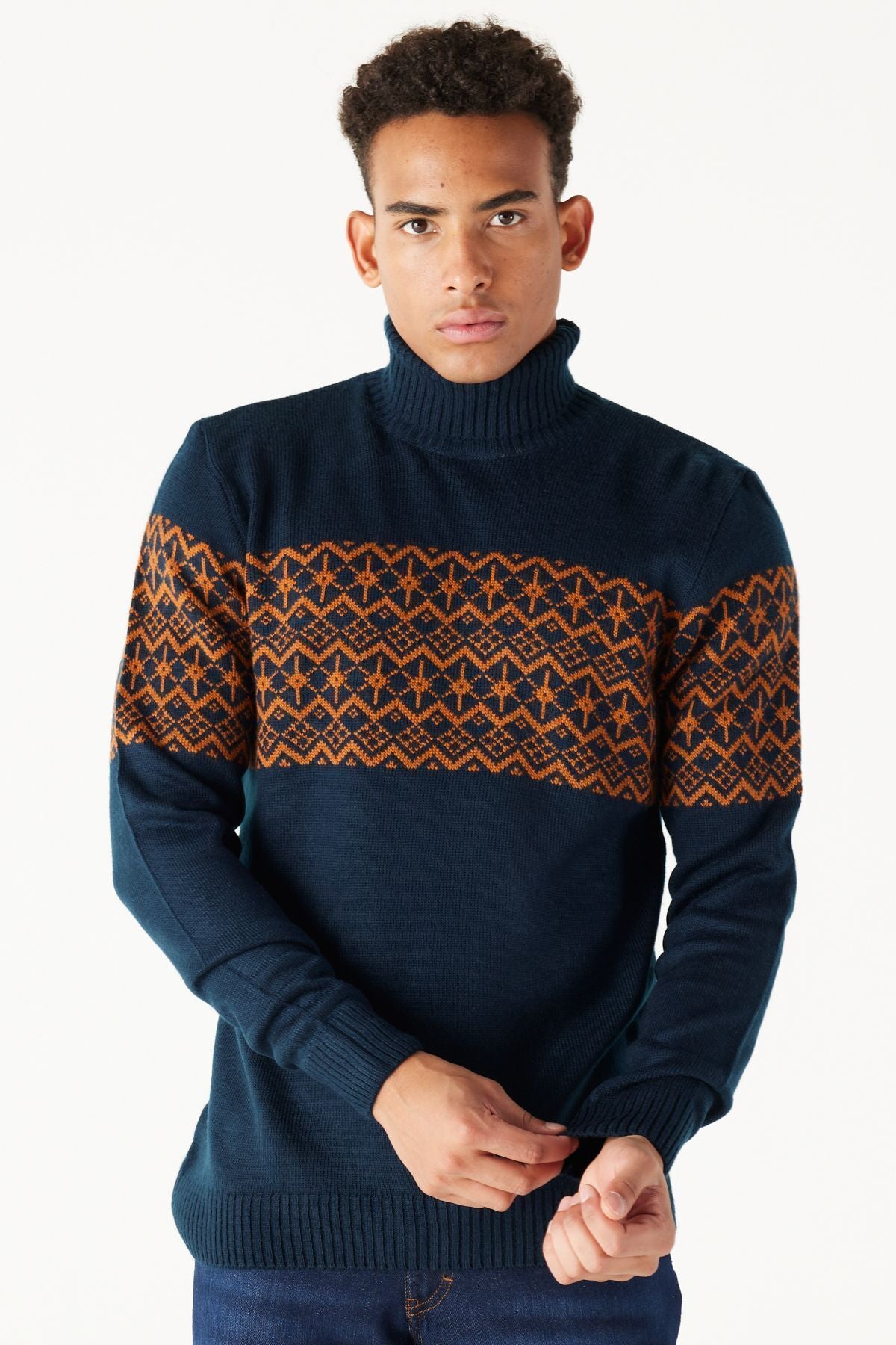 Men's Navy Blue-Cycle Standard Fit Normal Cut Fisherman Yaka Zigzag Patterned Knitwear Kazakh