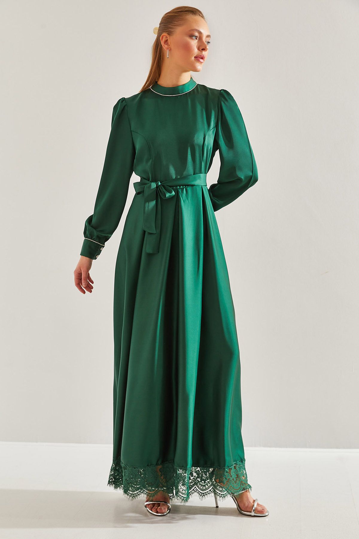 Women's Skirt Lace Side and Handle Satin Hijab Dress 60191005