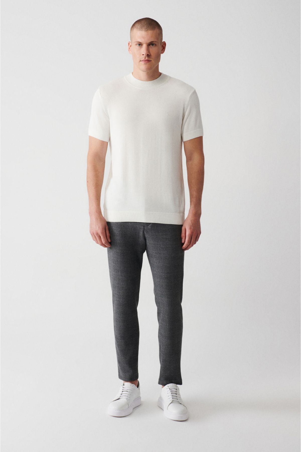 Men's Ecru Half Fisherman Collar Short Sleeve Knitwear T-Shirt B005025