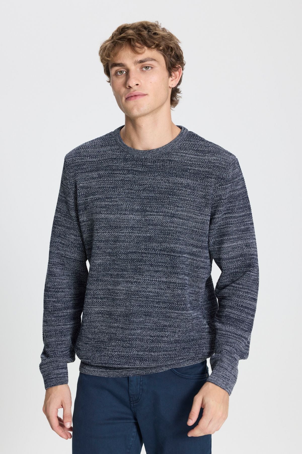 Men's navy blue-gray standard fit normal cut bike collar patterned knitwear sweater