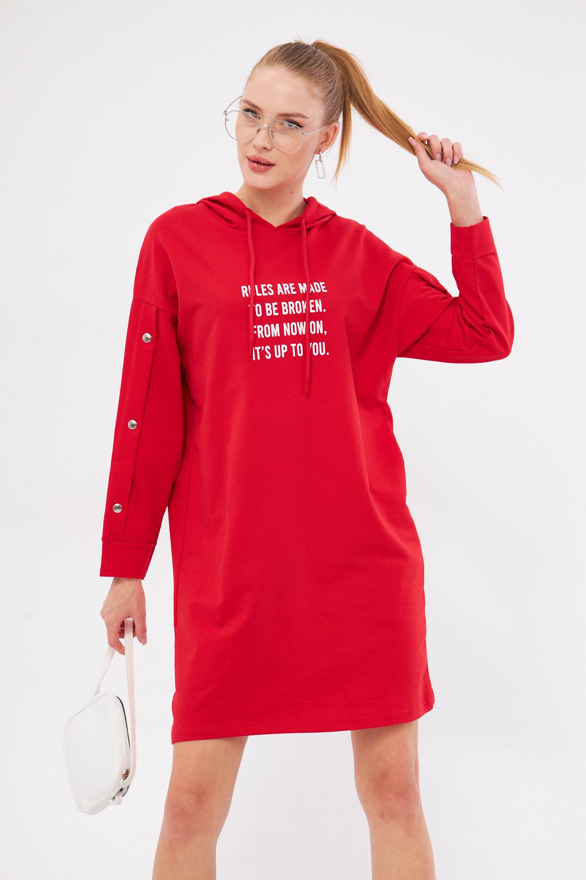 Women's Red Sleeve in front of the hooded hooded Tunic Sweatshirt ARM-25K001021