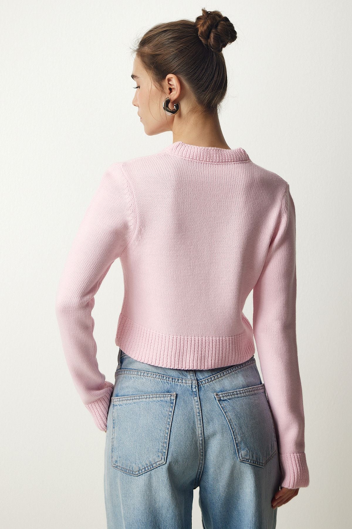 Woman Light Pink V Yaka Crop Knitwear sweater PF00040