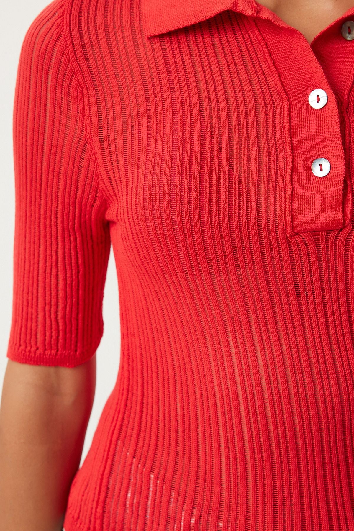 Woman Red Polo Yaka Light Transparent Triko Blouse FN03211