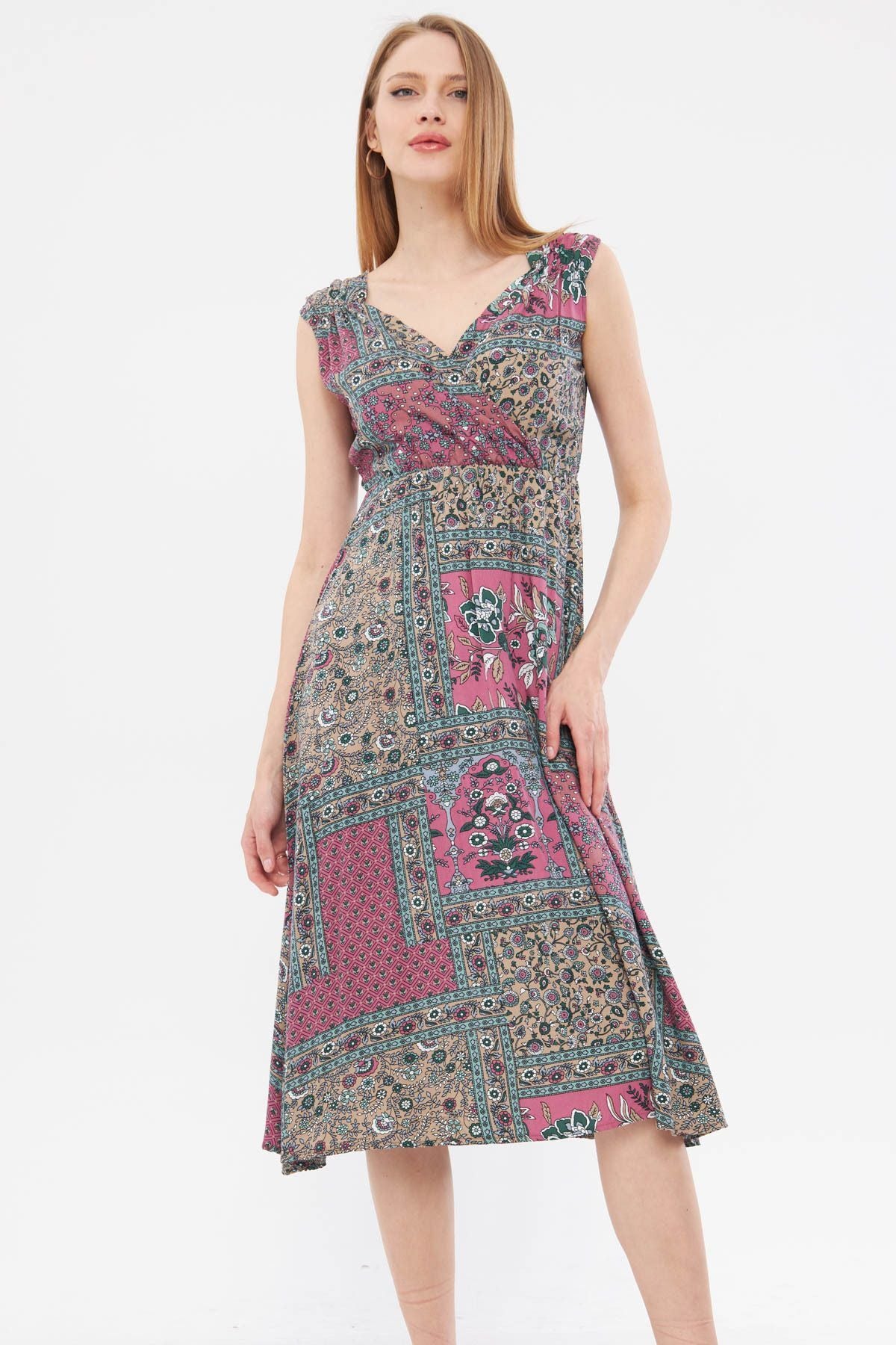 Female mink patterned waist and shoulder tire-cruve collar midi size dress ARM-24Y001052