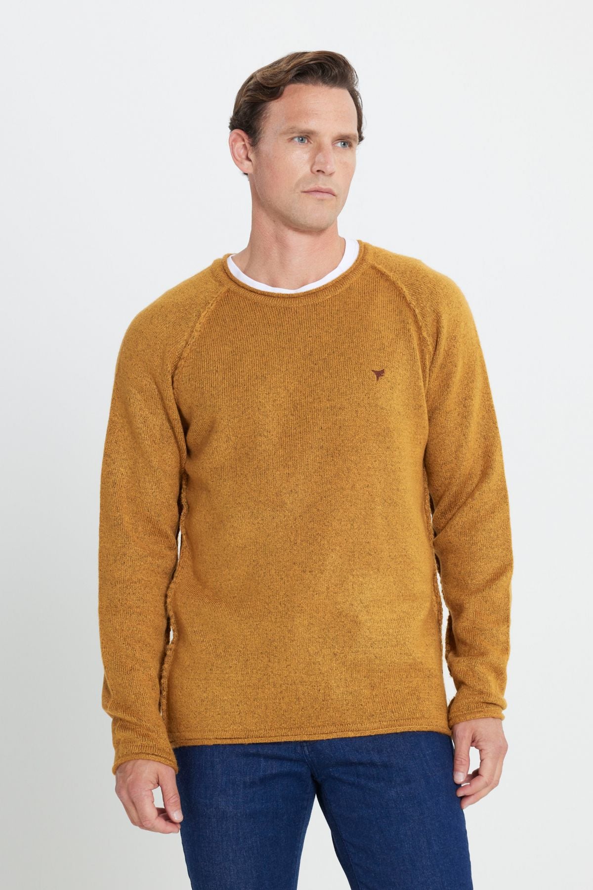 Men's mustard standard fit normal cut normal bike collar chart soft textured knitwear sweater