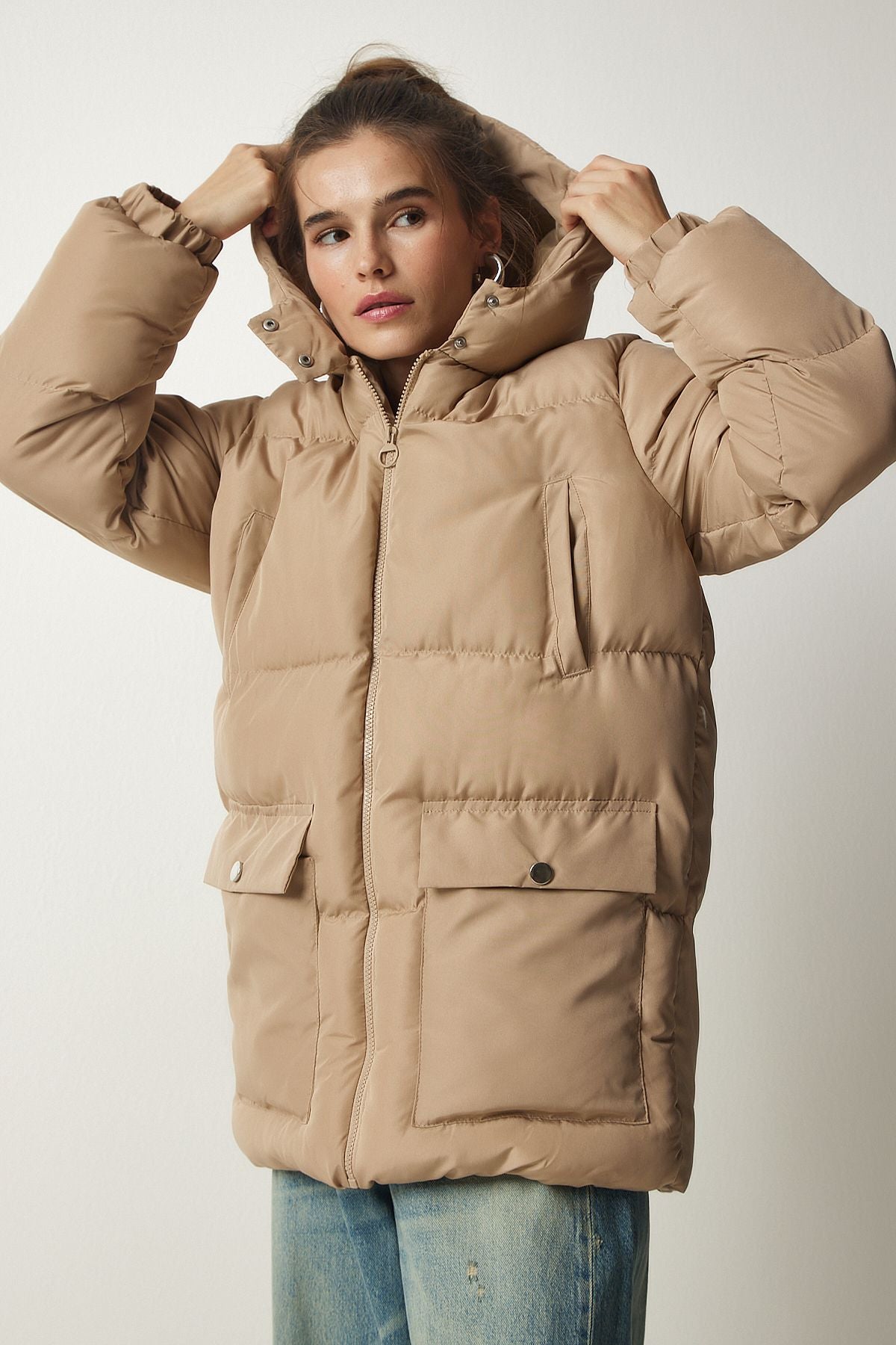 Female Beige Hooded Inflatable Coat HK00023