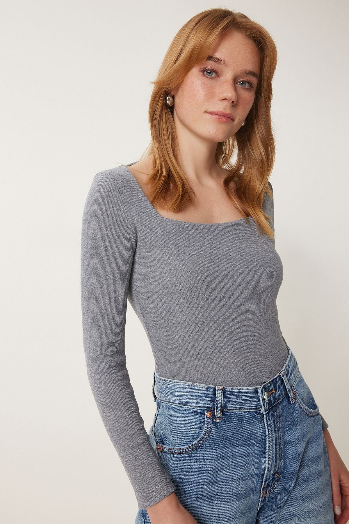 Women's Gray Square Collar Vumor Knitting Blux GT00052
