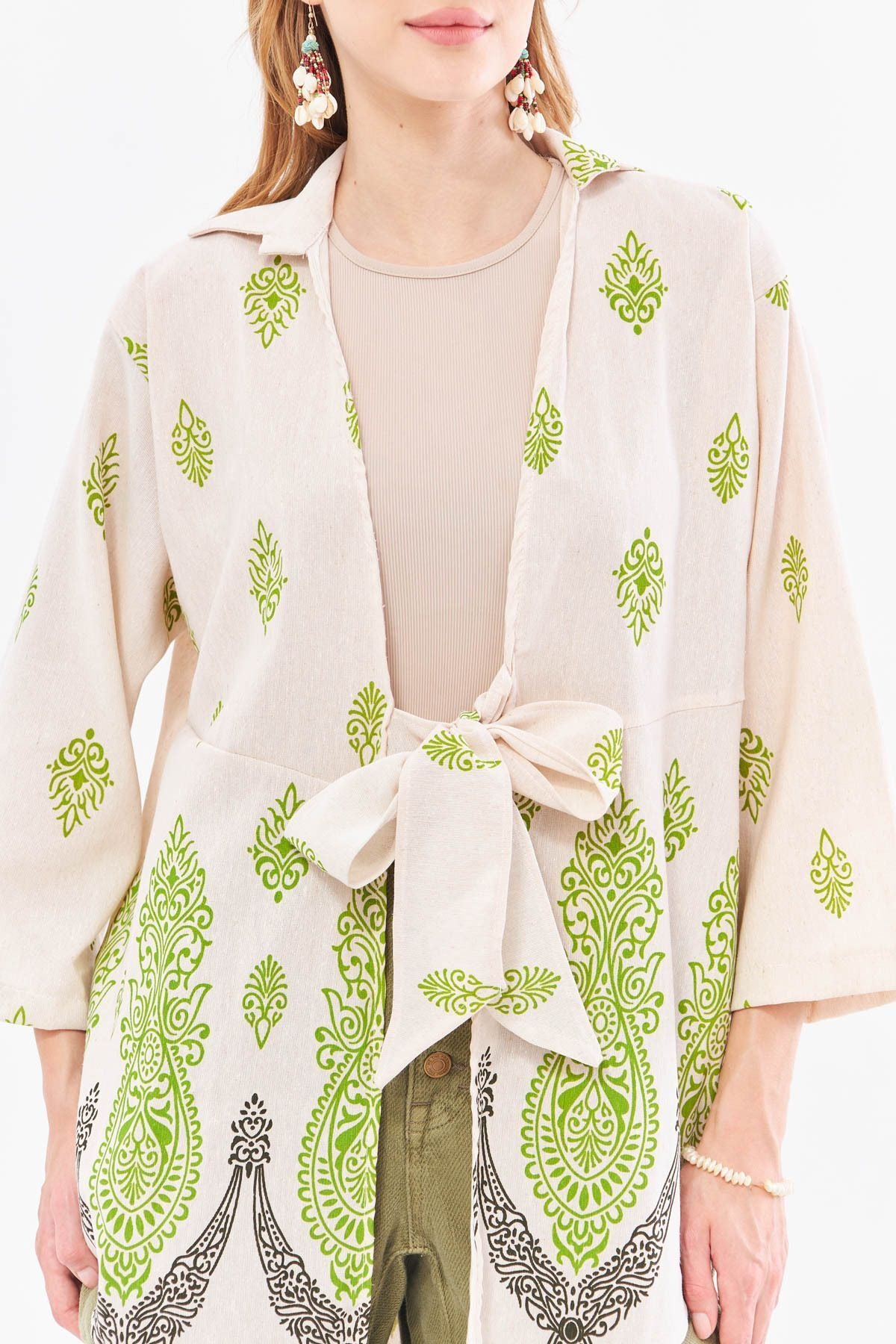 Female peanut green patterned linen-looking skirt with aqueous front kimono shirt ARM-24Y001092