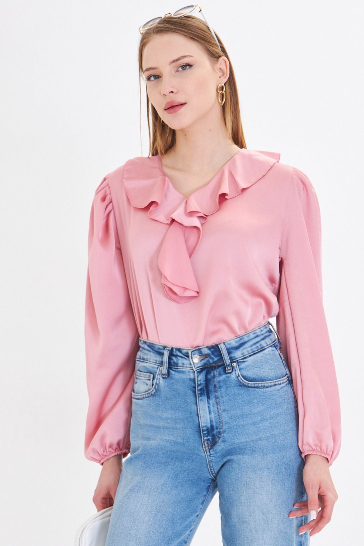 Woman Light Pink collar frilled shoulder shirred arm tire cotton satin blouse ARM-22K001059