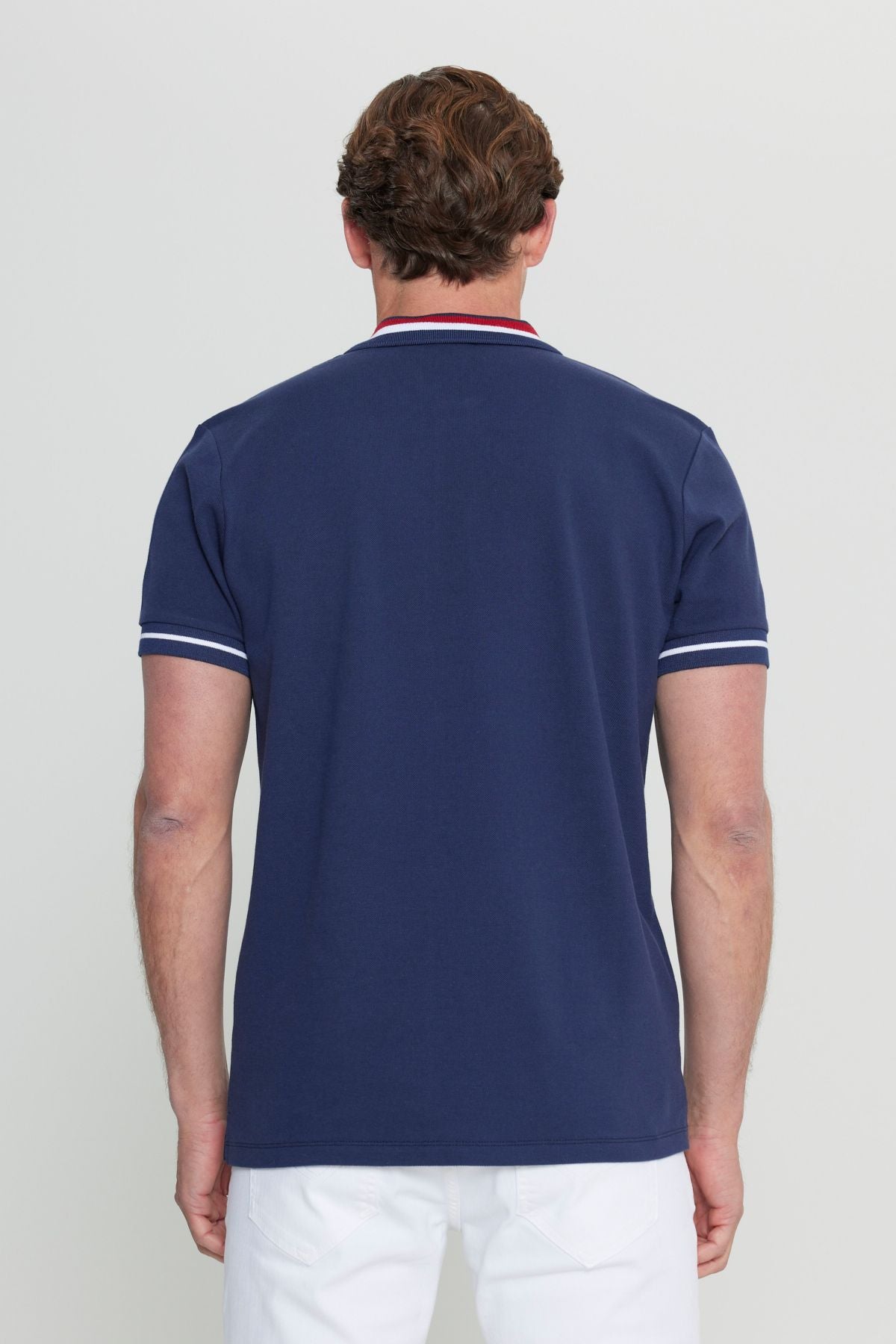 Men's navy blue slim fit narrow cut 100 %cotton polo collar t -shirt
