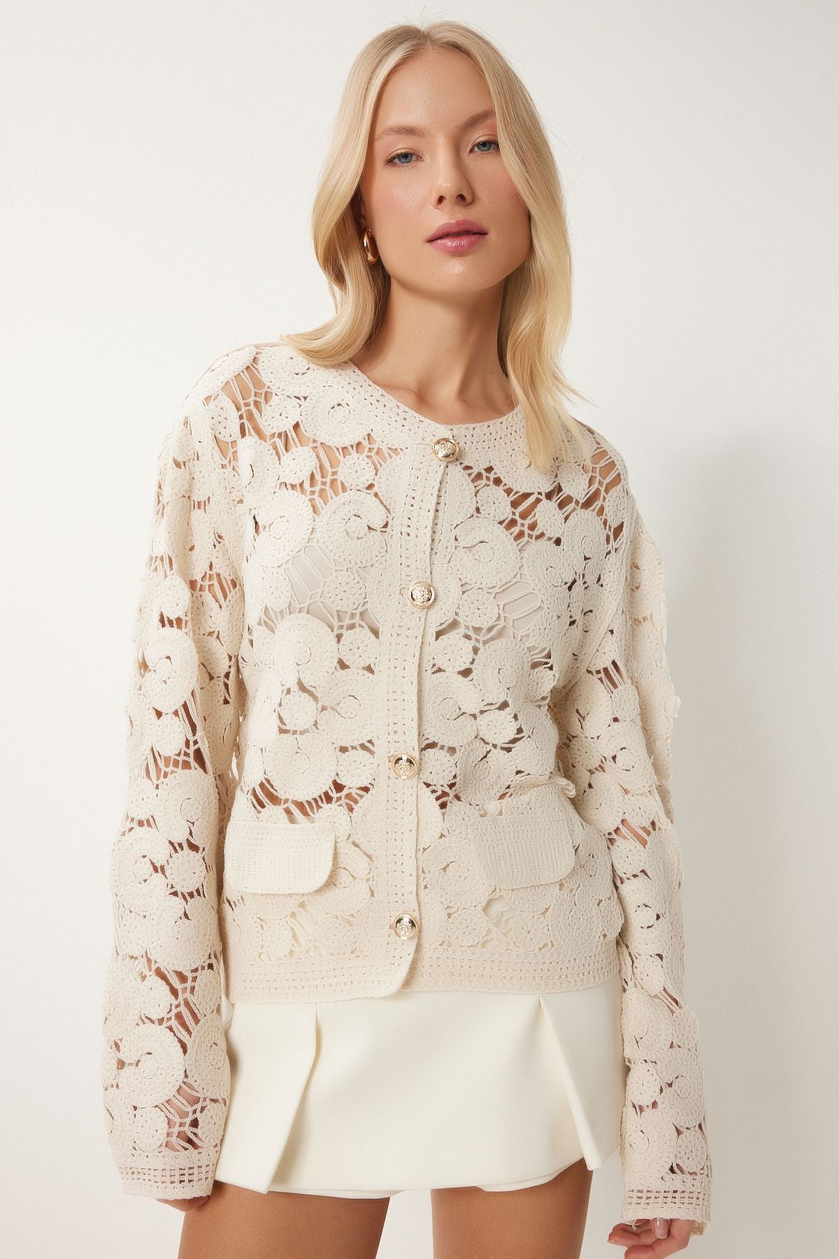 Women's Cream Flower Seasonal Triko Cardigan ES00175