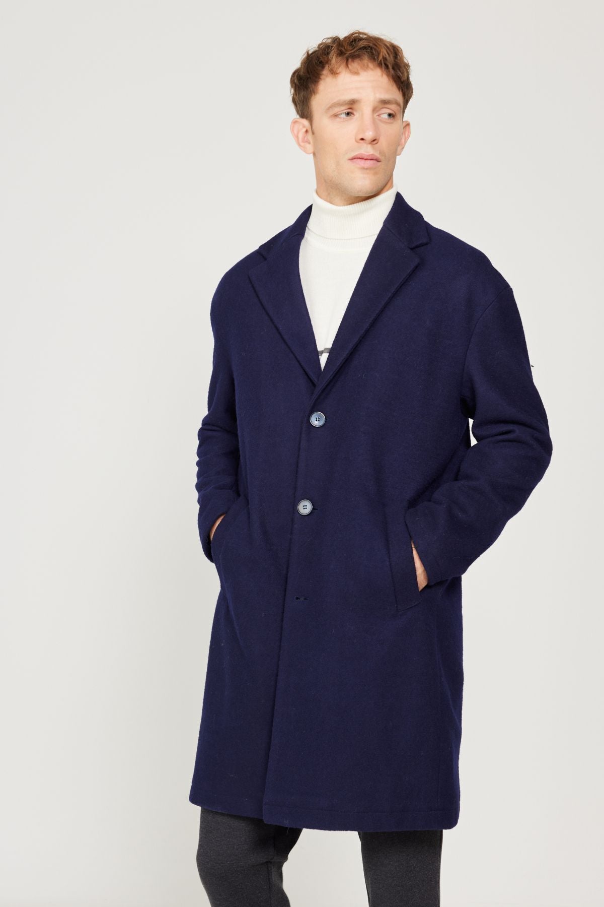 Men's navy blue overwheeling mono collar woolen stamp coat